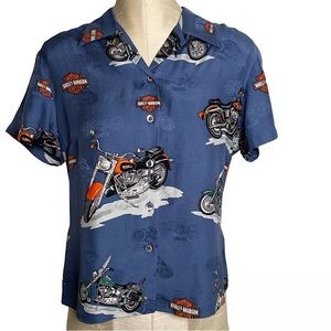 Harley Davidson Women's Silk All Over Motorcycle Short Sleeve Button Down Size M